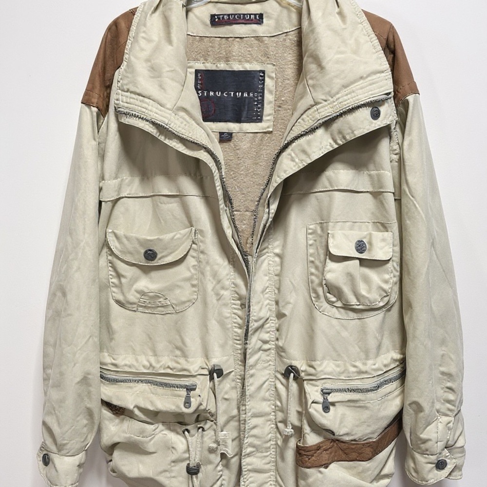 Vintage Structure Men's 1990’s Beige Tan and Brown Utility/Military Jacket XL